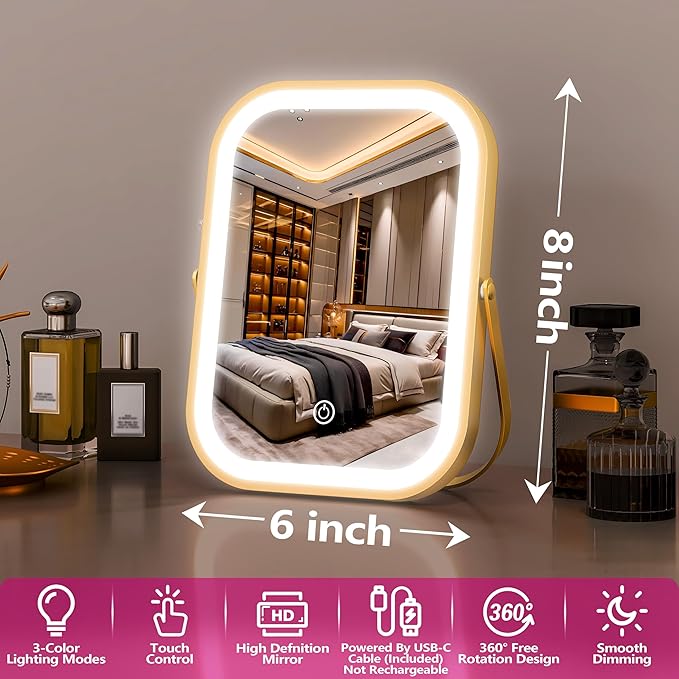 PRIMETEK Travel Makeup Mirror with Lights, Portable Small Beauty LED Vanity Mirror with Lights, 1200mAh Battery, Dimmable Touch Screen, Tabletop Folding Compact Mirror,Women Gift