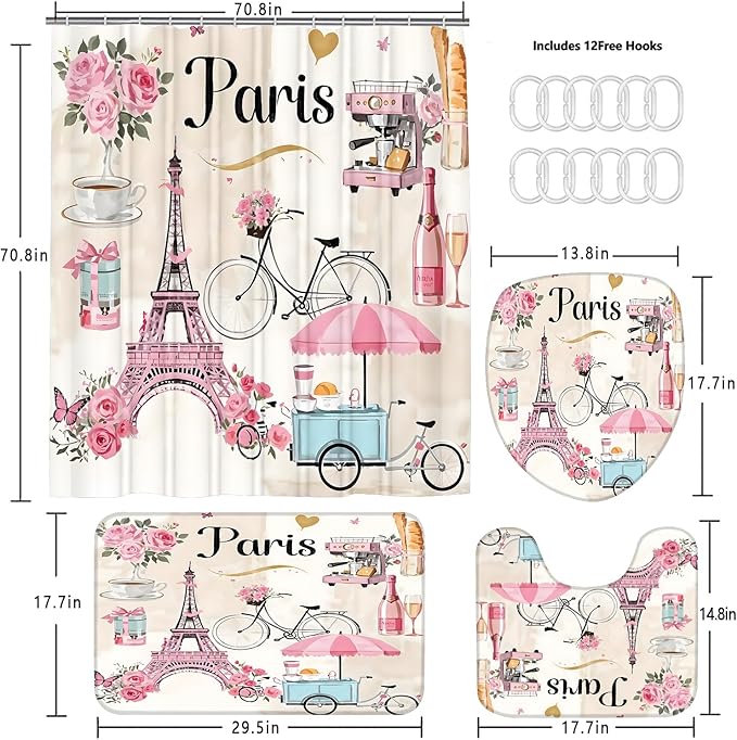 Chrainy 4Pcs Paris Eiffel Tower Shower Curtain Sets Bathroom Set Decor with Non-Slip Rugs Bath U-Shaped Mat Toilet Lid Cover Waterproof Pink Romantic Bathroom Curtains Shower Set with 12 Hooks