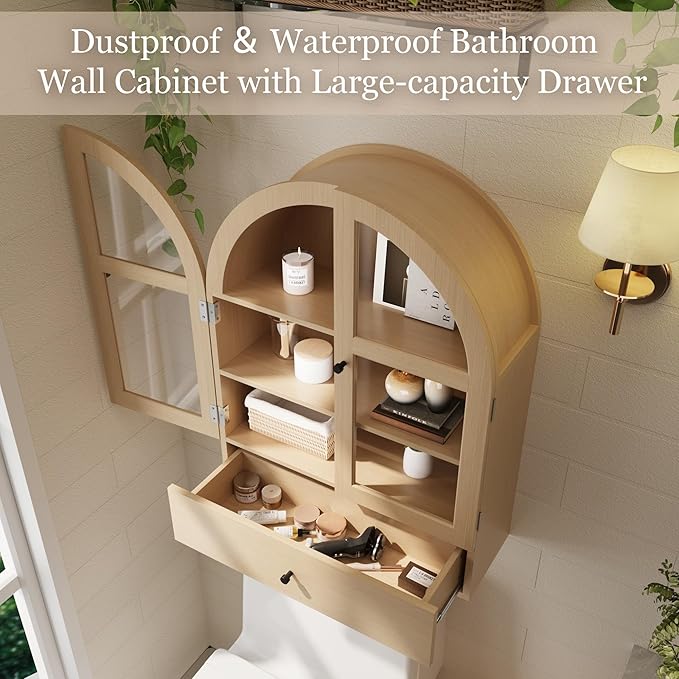 BOSHIRO Arched Bathroom Wall Cabinet with Drawer,Over The Toilet Storage Cabinet, Medicine Cabinet with Glass Door for Living Room, Kitchen（Natural Wood Color）