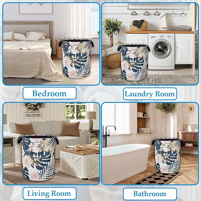Palm Leaves Flowers Laundry Basket Collapsible Laundry Hamper Clothes Toy Storage Bin for Bathroom Bedroom Room Decor 16" X 20.8"