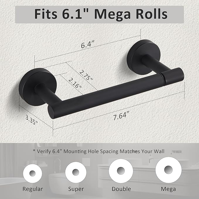 BVL Toilet Paper Holder Matte Black Wall Mount Stainless Steel 304 Large Mega Roll