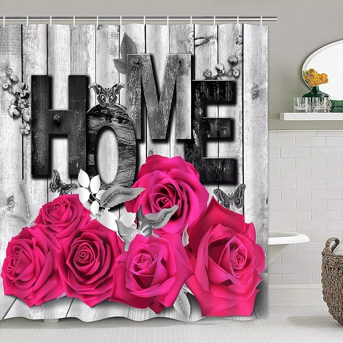 Yddsky Pink Rose Valentines 4 Pcs Shower Curtain Sets Non-Slip Rugs Bath Mat Toilet Cover U Shaped Mat Romantic Pink Bathroom Decor with 12 Hooks Valentines Day Bathroom Set