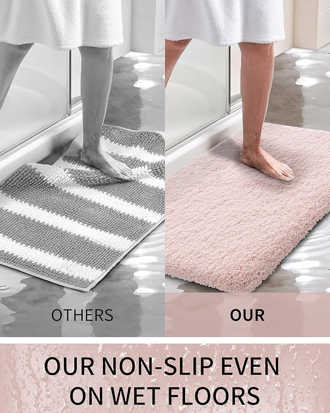 Bathroom Rugs Non Slip Washable 59x24, Ultra Thick Soft Microfiber Absorbent Bath Mats, High Density Foam Latex Non Slip Backing Bath Rugs, Fluffy Floor Carpet for Tub&Shower, Pink