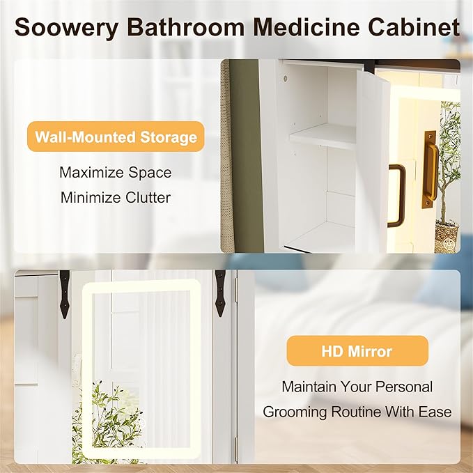 Bathroom Medicine Cabinet with Mirror, Wall Mounted Medicine Cabinet with Color Adjustment LED Lights, Mirrored Over The Toilet Storage Cabinet with Sliding Barn Door & 2 Adjustable Shelf,White