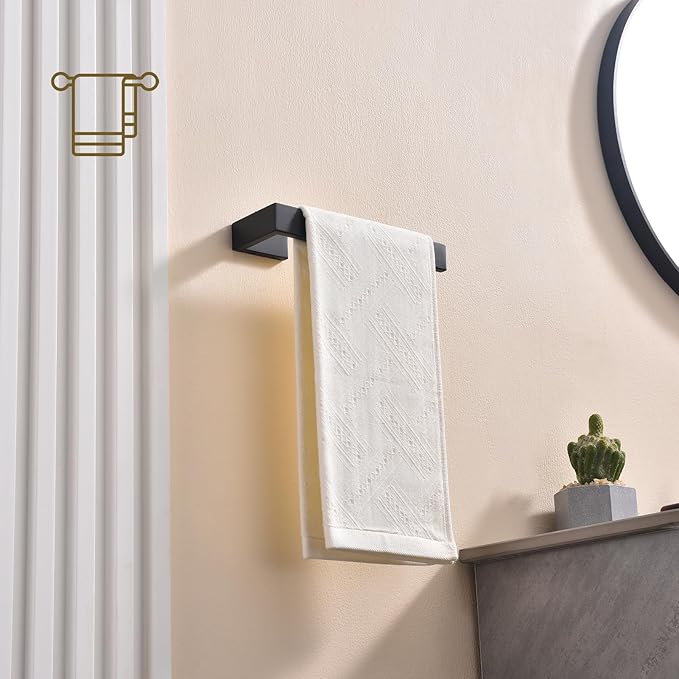 TASTOS Black Hand Towel Holder Bath Towel Bar Bathroom Towel Ring, Wall Mount, Modern Style (Matte Black)