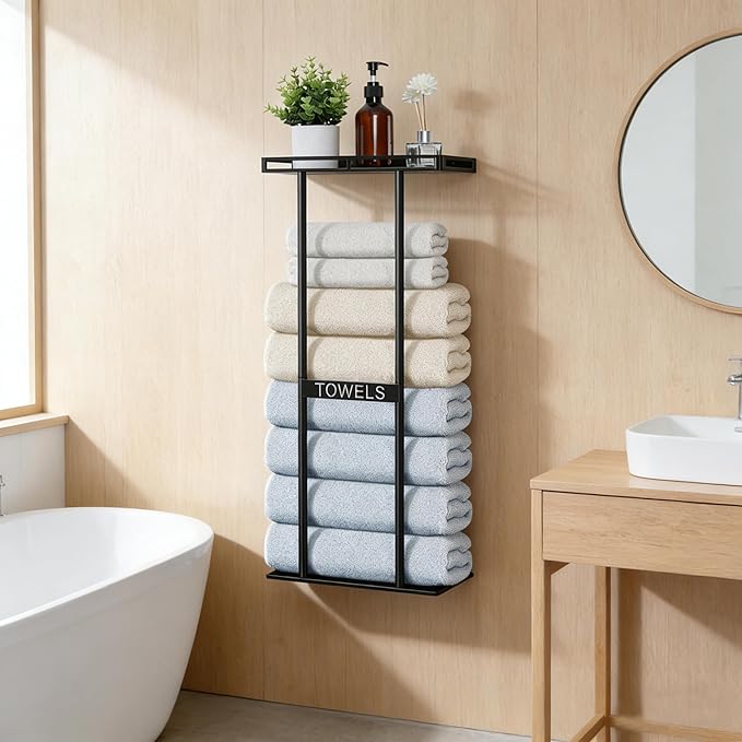 Onader Towel Racks for Bathroom Wall Mounted, 30 Inch Bath Storage Towel Holder with Metal Shelf, Black