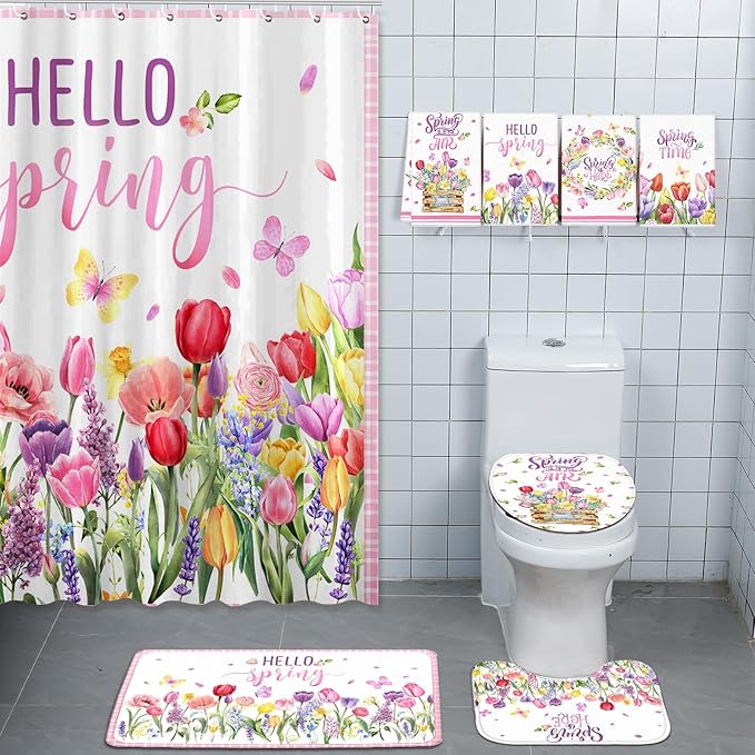 FuWeave 8 Pcs Easter Shower Curtain Sets for Bathroom Hello Spring Easter Shower Curtain Sets with Rugs and Towels, Include Non-Slip Rug, Toilet Lid Cover, Bath Mat and 12 Hooks