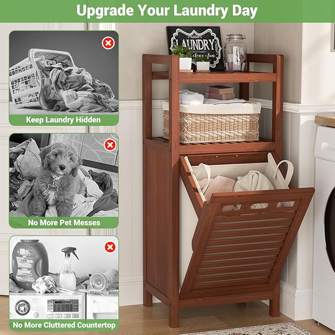 Homykic Tilt Out Laundry Hamper, 10 Gal Bamboo Laundry Storage Cabinet with Removable Basket, Hidden Hamper Organizer with Shelf for Dirty Clothes, Bathroom, Laundry Room, Space Saving, Walnut