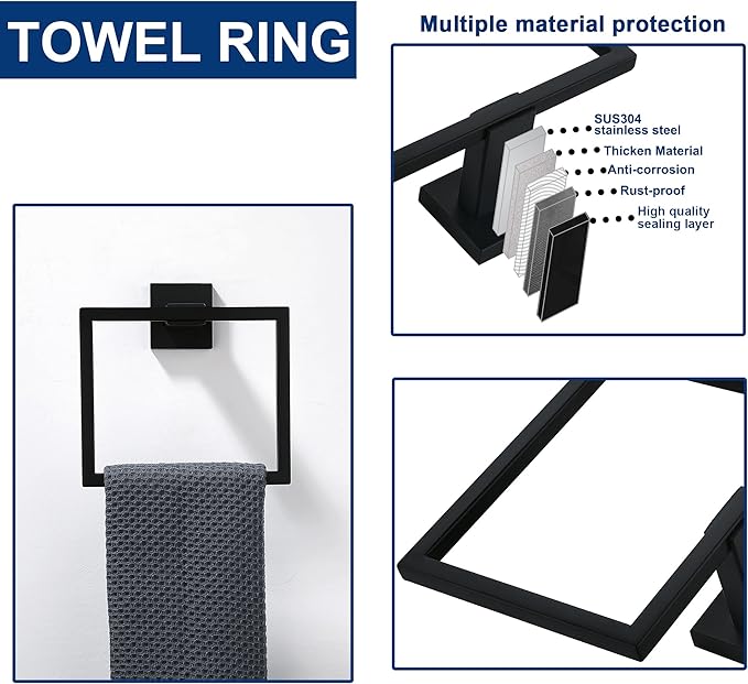 5 Pieces Bathroom Hardware Accessories Set Matte Black, 16Inch Square Towel Racks Set for Bathroom, SUS304 Stainless Steel Towel Bar Set, Toilet Paper Holder with Shelf Wall Mounted