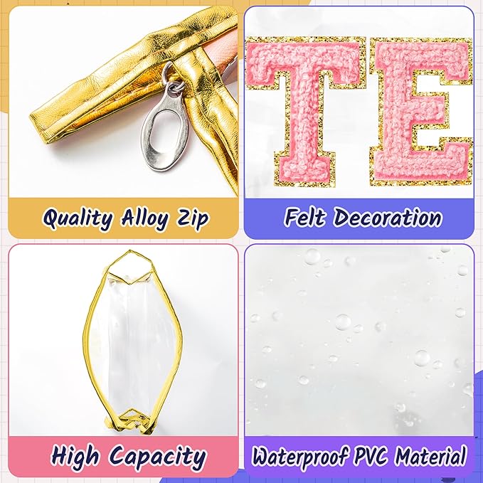 CY2SIDE TEACH Clear Makeup Bag - Pink TEACH Letter Patch Cosmetic Bag with Handle for Travel PVC Zipper Clear Toiletries Waterproof Portable Travel Organizer Teacher Appreciation Gifts, Gold