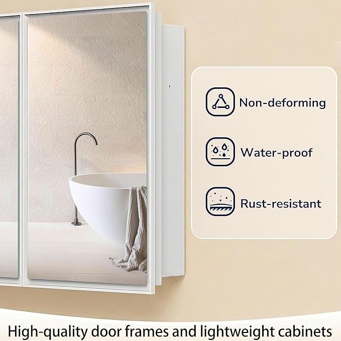 26 x 32 inch, Bathroom Medicine Cabinet, Double Mirror Doors, Bathroom Recessed Cabinet, Platstic Framed with Double Doors Wall Cabinet, Removable Glass Shelves, Recessed or Surface Mount