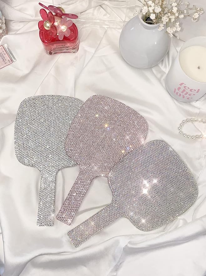 TISHAA Bling Handheld Makeup Mirror – Sparkly Crystal Rhinestone Compact Mirror for Women, Cute Portable Vanity Mirror for Travel, Purse, Gift for Her (White AB)