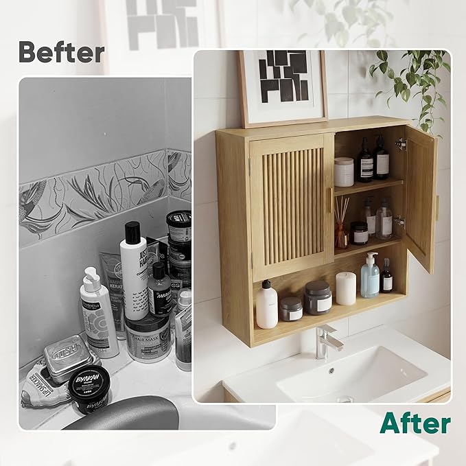 Smuxee Bathroom Cabinet Wall Mounted, Wooden Medicine Cabinet with Fluted Doors & Adjustable Shelf, Bathroom Cabinet for Bath Room, Living Room, Laundry Room