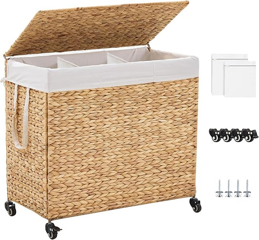 3-Section Laundry Hamper with Lid, Large Capacity Woven Natural Water Hyacinth Laundry Sorter with Removable Liners, Rolling or Non-Slip Design for Bedroom (Natural, 155L)