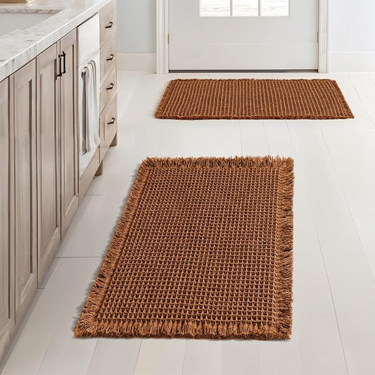 MIULEE Set of 2 Waffle Bathroom Rugs, Fall Boho Bath Rugs Non Slip Washable, Super Absorbent Bath Mats, Ultra Soft Rubber Backed Shower Mats for Bathroom Floor, Tub and Shower, Terracotta, 17x24 Inch