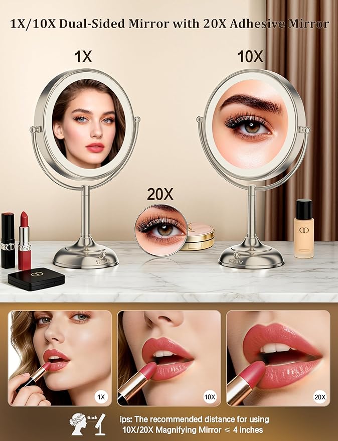 VESAUR 2026 Upgraded 20X lighted makeup mirror with magnification, 9" 1X10X Magnifying Mirror with 3 Color Modes & Adjustable Brightness, 5000mAh Rechargeable Vanity Mirror, 360° Swivel, Nickel, Gifts