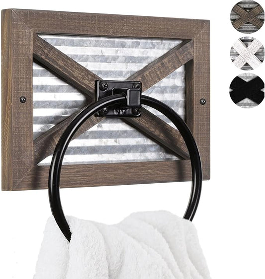 Autumn Alley Rustic Towel Holder for Bathroom, Farmhouse Hand Towel Holder, Rustic Towel Rack Holder, Wall Mounted, Western Bathroom Decor, Wood Country Decor, Galvanized Metal, Black Ring
