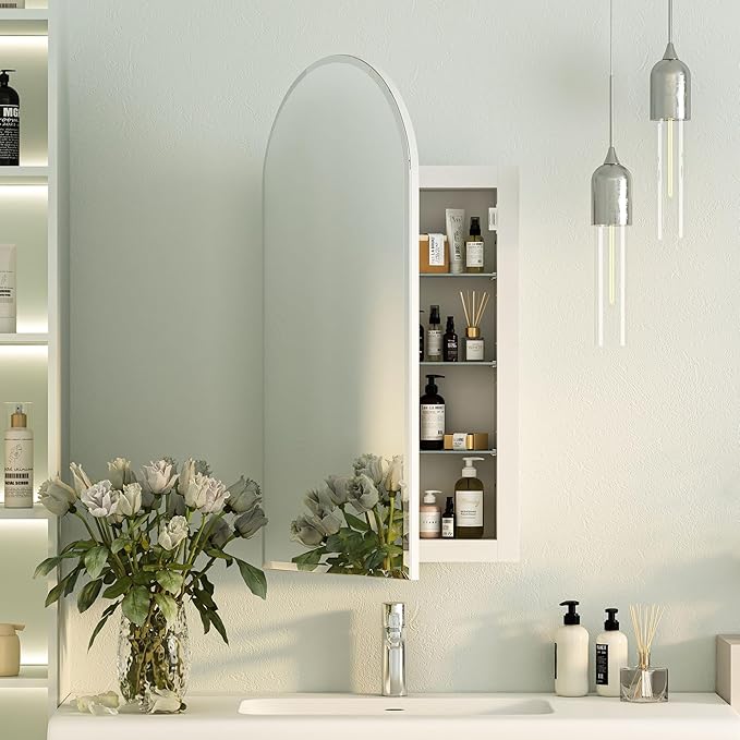Beveled Edge Arched Recessed Medicine Cabinet with Mirror,Frameless Arched Mirror Medicine Cabinet for Bathroom,Mirrored Cabinets for Bathroom Wall Cabinet with 3 Glass Shelves,16x31