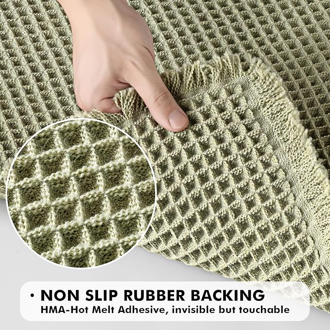 MIULEE Set of 2 Waffle Bathroom Rugs, Boho Bath Rugs Non Slip Washable, Super Absorbent Bath Mats, Ultra Soft Rubber Backed Shower Mats for Bathroom Floor, Tub, Sage Green, 17"x24"+18"x30"