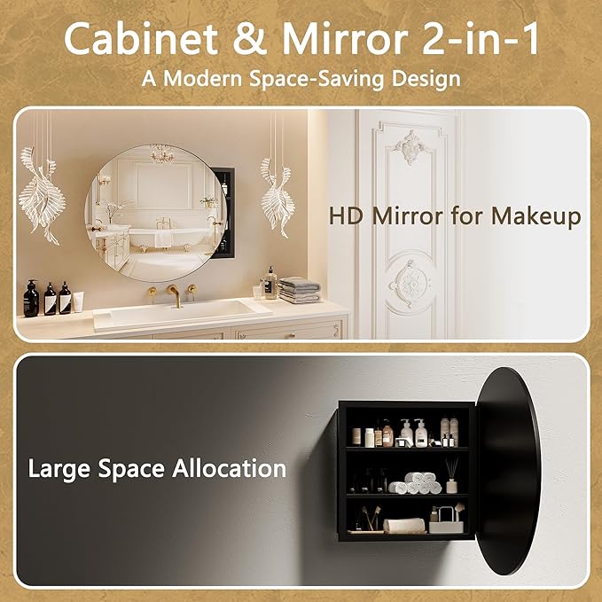 Black Medicine Cabinet Mirror, Wall Mounted Bathroom Vanity with Mirror, 23.2" Round Bathroom Medicine Cabinet with Storage Function, Removable Shelves, Metal, NO Assembly