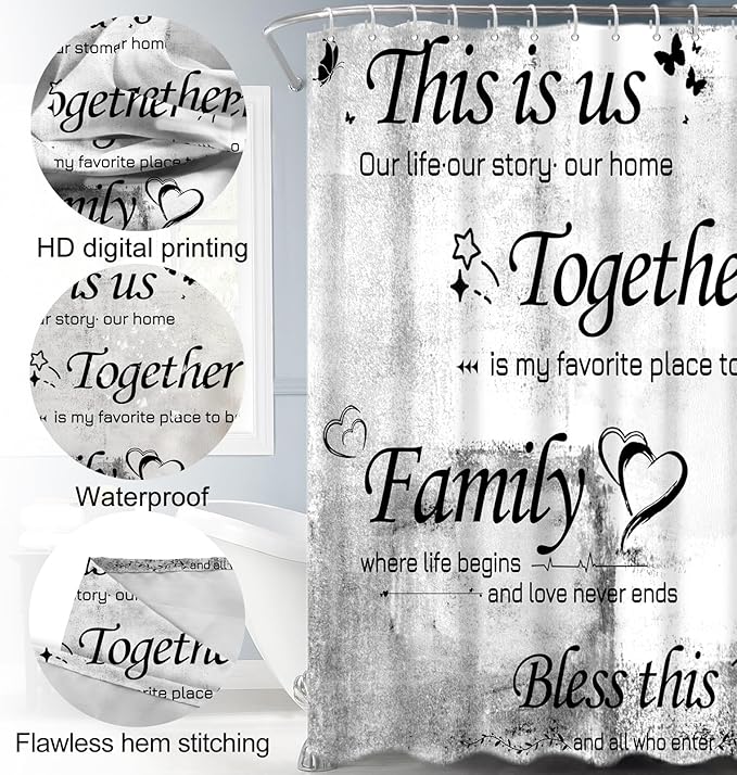 Lnond 4Pcs Bathroom Shower Curtain Sets with Rugs, White Black Motivational Home Family Bathroom Sets with Shower Curtain and Rugs and Accessories