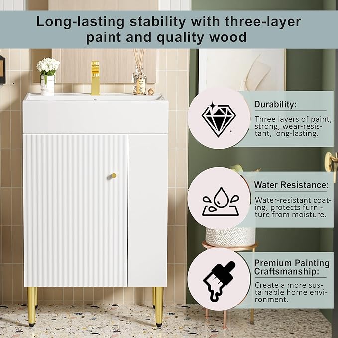 Virubi 21.6 in Small Bathroom Vanity with Sink,Doors and Storage Shelves,Wood Modern Single Fluted Bathroom Sink Cabinet Freestanding (White,Right Shelf)