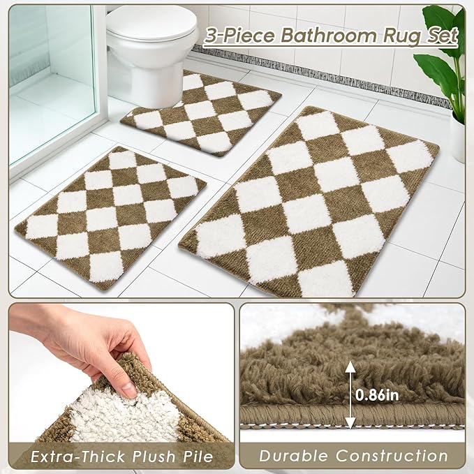 Britimes Brown Stripes Bathroom Sets with Shower Curtain and Rugs, Ombre Modern Minimalist Striped Waterproof Shower Curtain Liner and Soft Non Slip Bath Mat for Bathroom Decor and Accessories Hooks