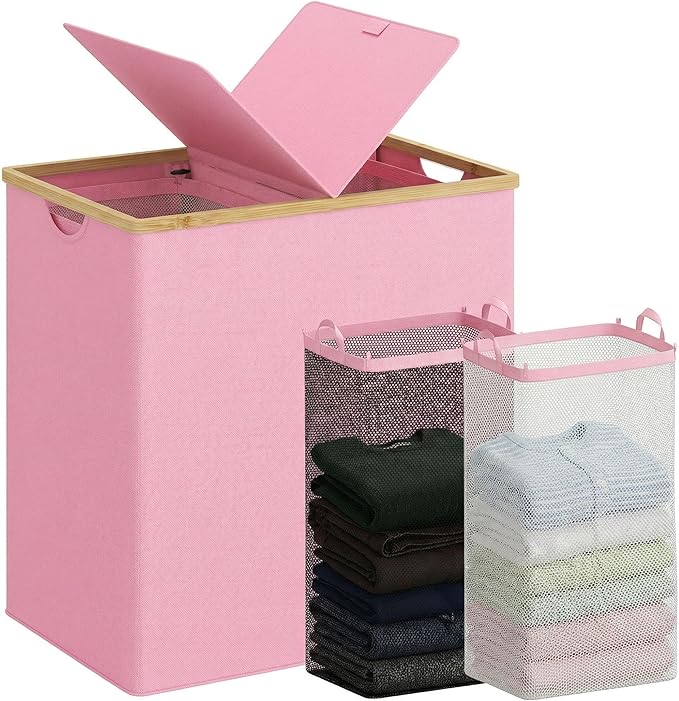 efluky Laundry Hamper with Lid, Double Laundry Hamper with 2 Removable Bags, 2 Section Laundry Basket with Bamboo Handles for Bathroom, Bedroom & Laundry Room (Pink, 140L Dual)