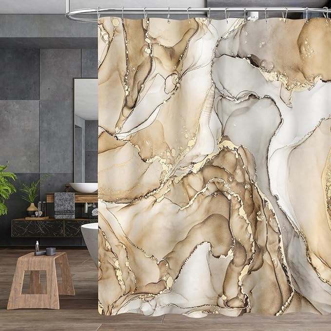 4PCS Beige Marble Bathroom Sets with Shower Curtain and Rugs, Abstract Shower Curtain Sets with Rugs for Bathroom Decor, Bathroom Curtains Shower Set with Toilet Lid Cover Accessories