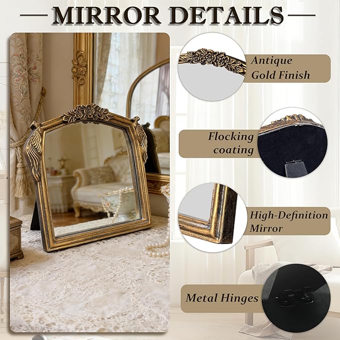 Vintage Vanity Desk Mirror -7x8Inch Wall-Mounted & Tabletop Decorative Ornate Gold Accent Retro Makeup Mirror for Bedroom Dresser Living Room Bathroom Dorm Champagne Gold