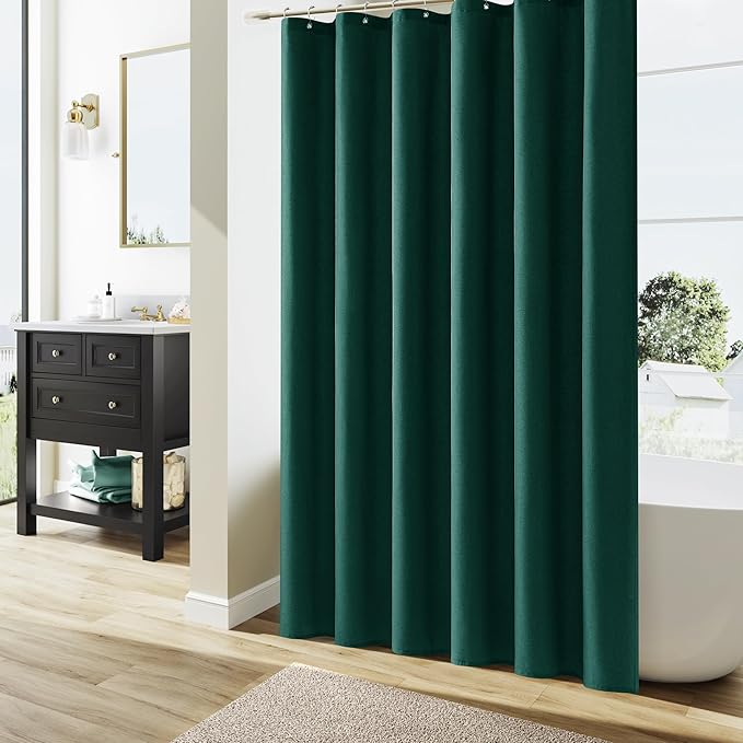 Naturoom Dark Green Linen Shower Curtain, Country Boho Farmhouse Bath Decor Shower Curtains Neutral Cloth Weighted Textured Fabric Bath Curtain Liner with Hooks, 72x80