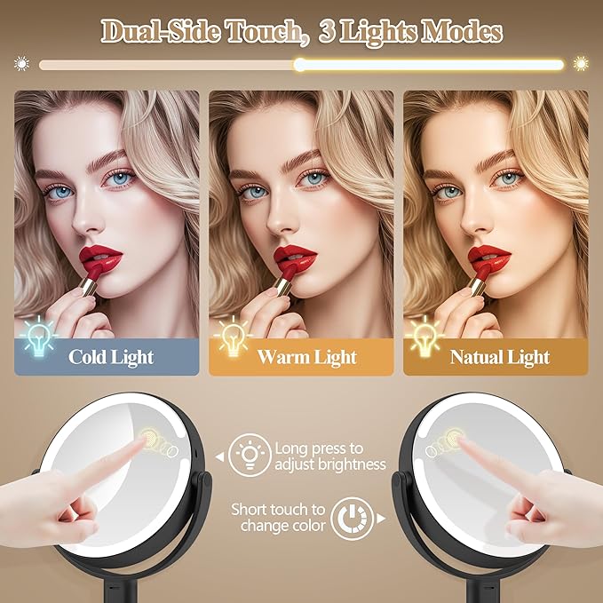 MOMOKUBA Makeup Mirror with Lights, Double Sided 1x/20x Magnifying Mirror with Light, Rechargeable 3 Color Lights and Adjustable Brightness, 360° Rotation Detachable Comes with Tweezer(Black)