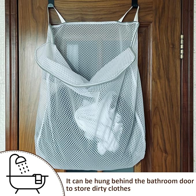 Hanging Washable Laundry Hamper, Over Door Mesh Laundry Bag with 2 Hooks, Tangle-Free Delicates Protector