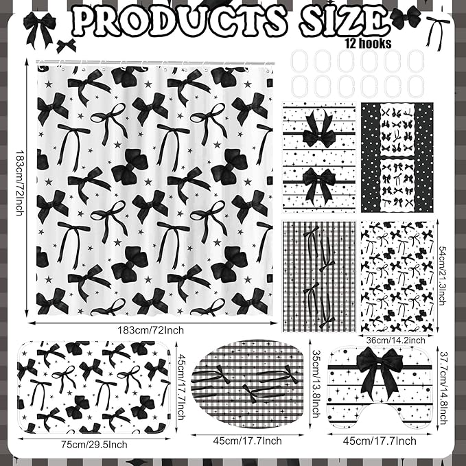 FuWeave 8 Pcs Black Shower Curtain Set Aesthetic Bow Knot Bathroom Decor Pretty Coquette Waterproof Shower Curtain Modern Minimalist Towels Non Slip Rug Toilet Lid Cover Bath Mat with 12 Hooks