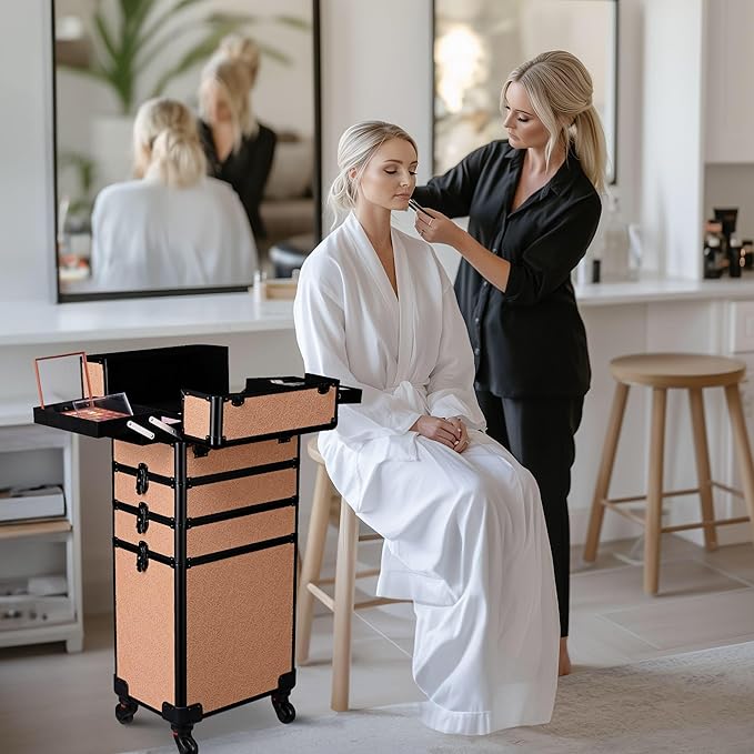 BYOOTIQUE 4in1 Cosmetology Rolling Case Nail Tech Storage Cart Makeup Torrley Travel Barber Suitcase False Eyelash Storage for Beauty Studio Nail Salon Wedding Make up Attist Manicurist,Rococo Coral