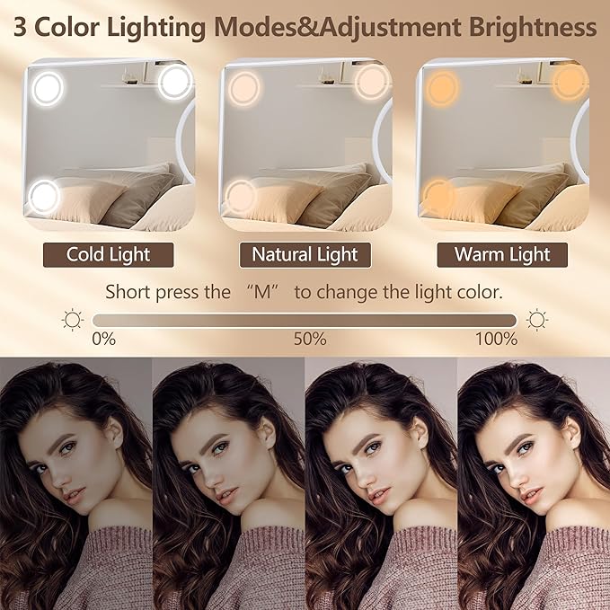 Lighted Makeup Mirror, Hollywood Vanity Mirror with 9 LED Bulbs, 3 Color Lights, and Detachable 10X Magnification Mirror, 1200mAh Rechargeable, Touch Control, 360°Rotation, White 14.05" * 12"