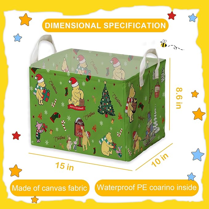 Winnie Theme Christmas Baskets Decor,the Pooh Baby Stuff, Large Square Canvas Baby Laundry Hamper with A Waterproof PE Coating,Foldable Storage Bin for Toys and Clothes