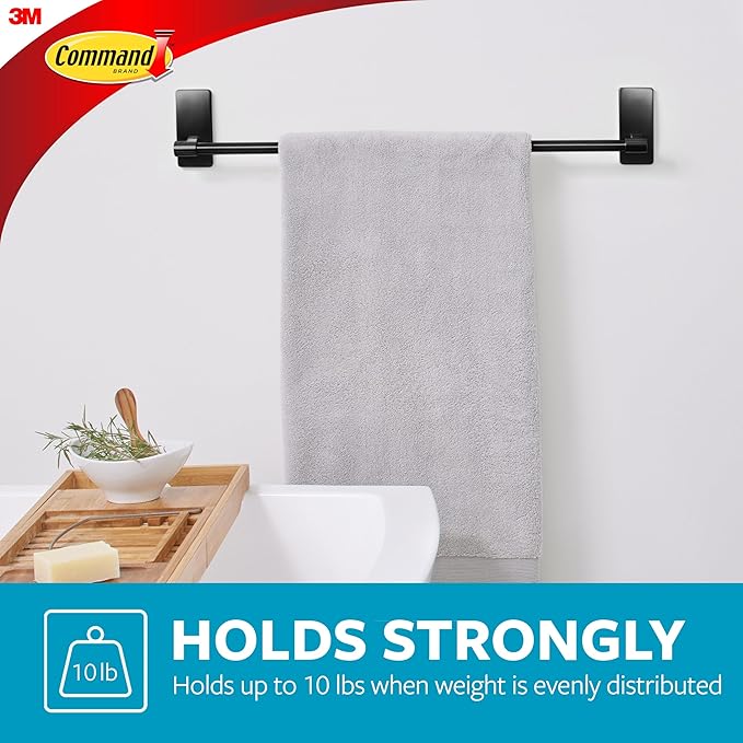 Command Bath Matte Black Towel Bar with Water Resistant Command Strips, Bathroom Organizer, 24 in Bar Length Holds up to 10 lbs