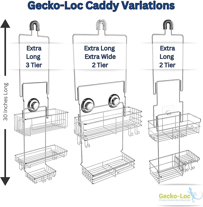 Gecko-Loc Extra-Long Adjustable Over-the-Showerhead Shower Caddy – Rustproof Stainless Steel Organizer with Suction Stabilizer, Deep Basket & Hooks – No-Drill, Tool-Free Installation (Silver)