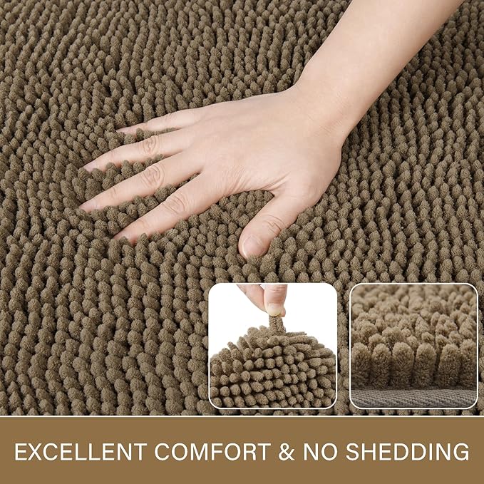 LOCHAS Luxury Bathroom Rug Shaggy Bath Mat 24 x 70 Inch, Washable Non Slip Bath Rugs for Bathroom Shower, Soft Plush Chenille Absorbent Carpets Mats, Tan