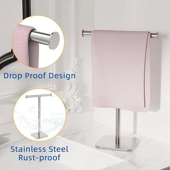 RUACQ Hand Towel Stand, 16" T-Shape Hand Towel Holder Stand for Bathroom, Kitchen and Countertop Towel Holder 304 Stainless Steel Hand Towel Rack with Weighted Base (Brushed Nickel)