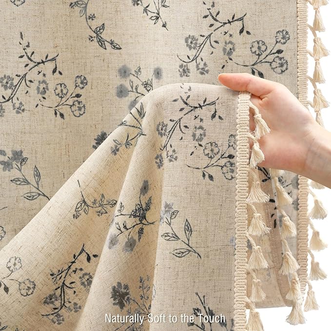 Black Floral Vintage Linen Shower Curtain, French Country Shower Curtains for Bathroom with Tassels, 72Wx72H