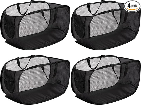 4 Pack Pop-Up Mesh Laundry Basket, Collapsible Laundry Hampers with Handle, Foldable Mesh Clothes Baskets for Home, Dorm, and Travel, Black Design