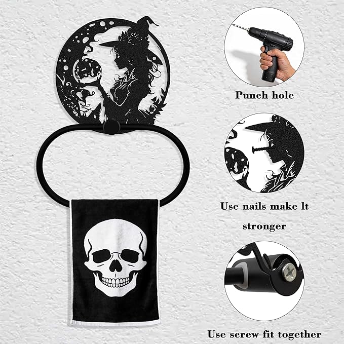 Gothic Witch Metal Towel Ring, Spooky Spiritual Wiccan Goth Hand Towels Holder Home Decor, Bathroom & Kitchen Accessories, Witchy Towel Hanger Gifts for Halloween Indoor Outdoor
