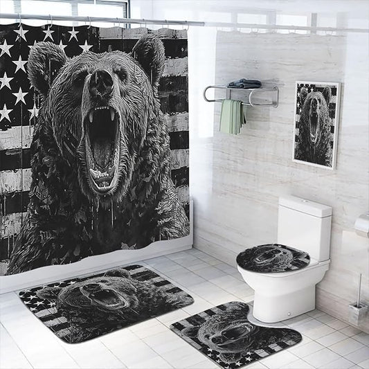 4 Pcs Country Bear Shower Curtain Set with Non-Slip Rugs, Toilet Lid Cover and Bath Mat, Rustic Hunting Camo American Flag Black and White Bathroom Shower Curtain with 12 Hooks Accessories Decorative