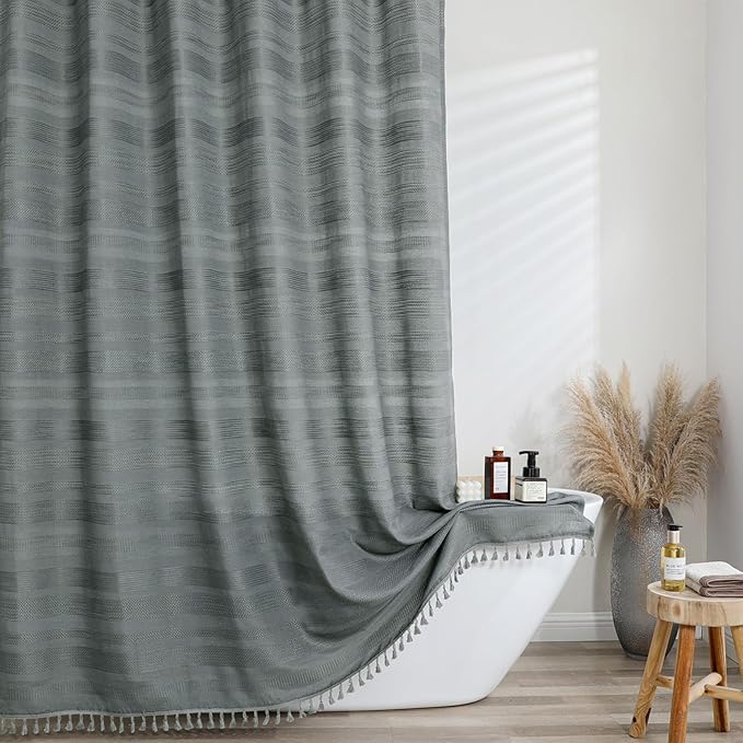 OVZME Extra Long Boho Shower Curtain 84 Inch Long, Modern Farmhouse Heavy Duty Linen Textured Soft Fabric, Rustic Country Cloth Shower Curtain with Tassel for Bathroom Hotel, 72Wx84L, Light Grey