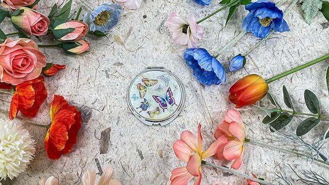Portable Makeup Compact Double Magnifying Mirror Cosmestic Foldable Pocket Style Unique Mother of Pearl Design (Butterfly)