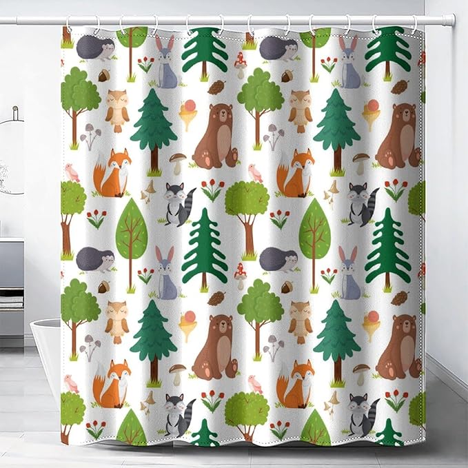 Kids Baby Woodland Shower Curtain Animals Cartoon Girls Children's Cute Cartoon Funny Colorful Weeds Plants Fox Waterproof Fabric Bathroom Decor 66x72 Inches(168x183cm), Style-12