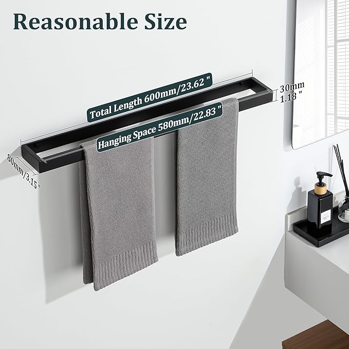 Sayayo Matte Black Towel Racks for Bathroom, 24 Inch Towel Bar Wall Mount, Bath Towel Holder SUS304 Stainless Steel, Square Towel Rod (22.8 Inch Hanging Length)