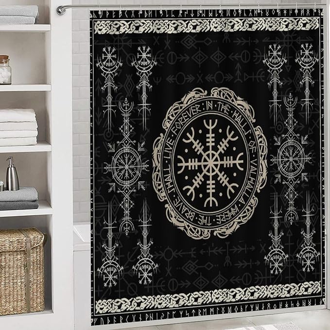 Brebasf Norse Vikings Print 4 Pcs Shower Curtain Bathroom Set Black Viking Magical Retro Compass Norse Mystical Symbol Shower Mat Shower Curtain with Rug 12 Hooks,72" W x 72" L